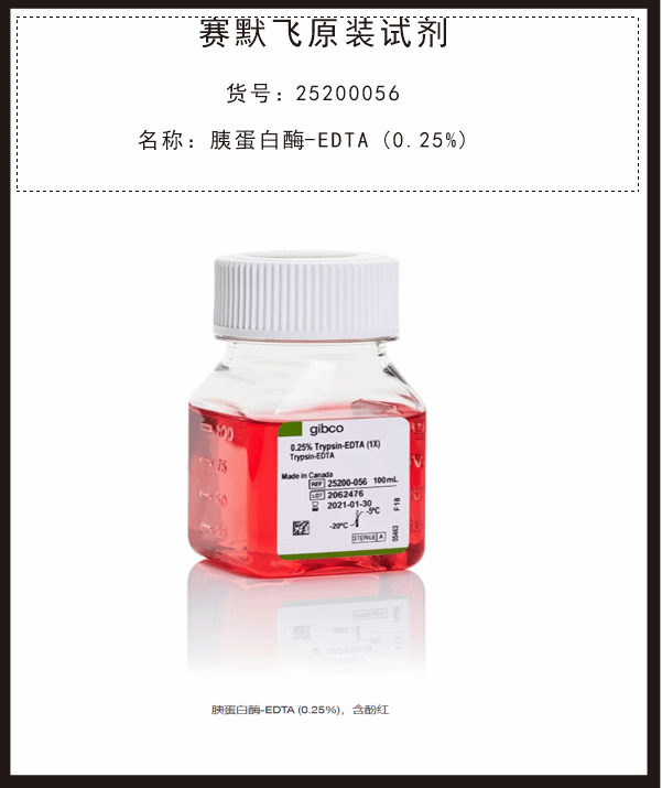 胰蛋白酶-EDTA (0.25%)，含酚紅25200056賽默飛Gibco試劑